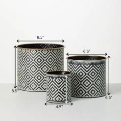 SULLIVANS Black and White Gemoetric Pattern Metal Planter (Set of 3) -KANTE Sales black and white patterned sullivans plant pots met1828 fa 1000