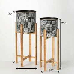 SULLIVANS Black and White Gemoetric Pattern Metal Planter on Stand (Set of 2) -KANTE Sales black and white patterned sullivans plant pots met1830 44 1000