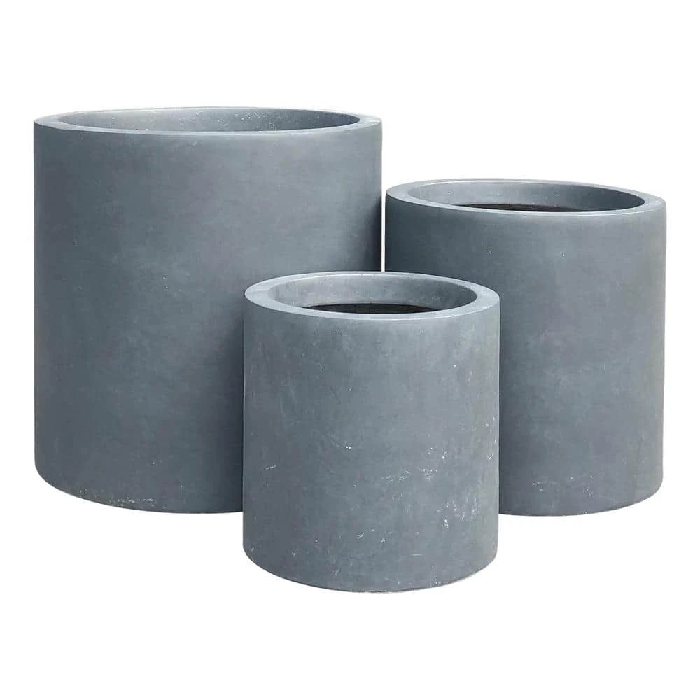 KANTE 15.8 in., 12.6 in. and 9.8 in. Tall Charcoal Lightweight Concrete Outdoor Modern Cylindrical Planters (Set of 3) 3 KANTE 15.8 in., 12.6 in. and 9.8 in. Tall Charcoal Lightweight Concrete Outdoor Modern Cylindrical Planters (Set of 3)