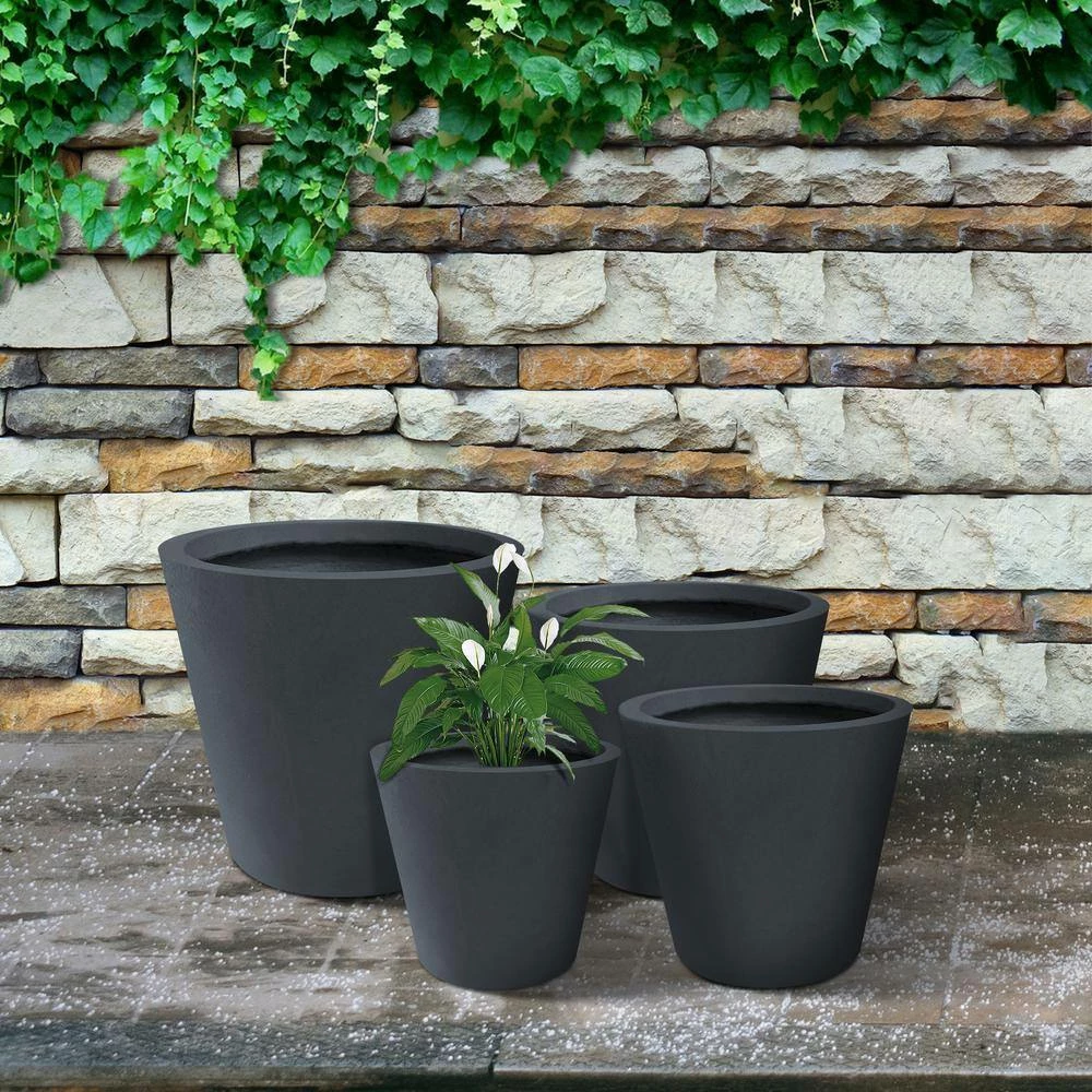 KANTE 20.9", 17.7", 15" & 12.6"H Cylindrical Charcoal Finish Lightweight Concrete Modern Planters Set of 4, Outdoor Indoor 4 KANTE 20.9", 17.7", 15" & 12.6"H Cylindrical Charcoal Finish Lightweight Concrete Modern Planters Set of 4, Outdoor Indoor - Image 2