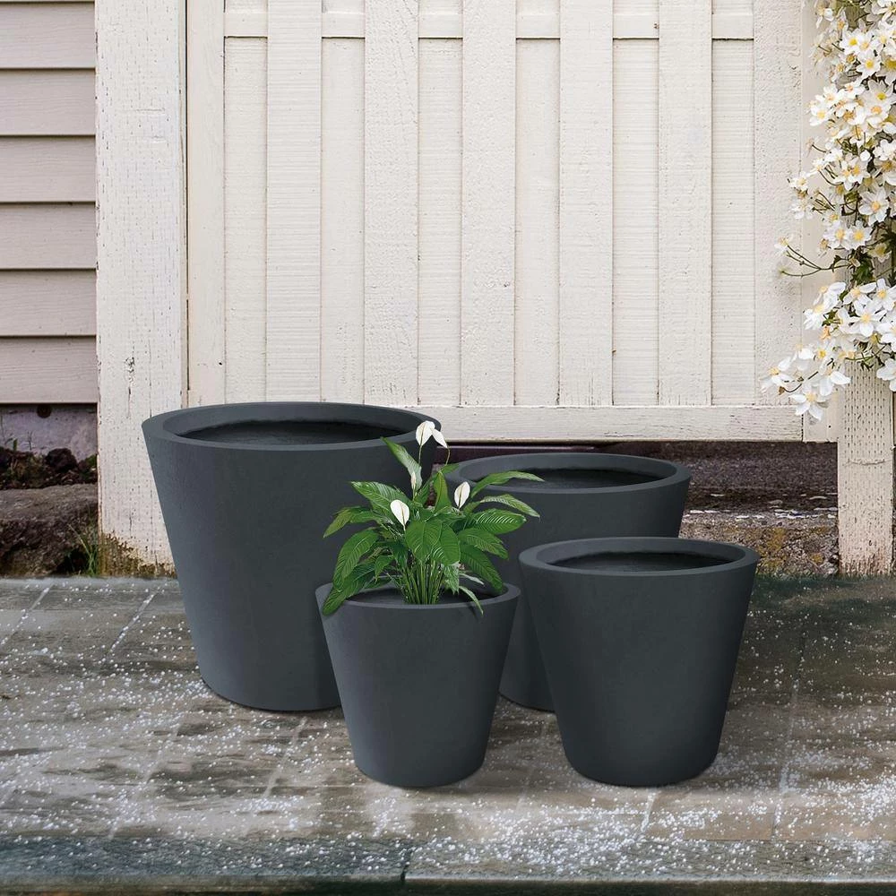 KANTE 20.9", 17.7", 15" & 12.6"H Cylindrical Charcoal Finish Lightweight Concrete Modern Planters Set of 4, Outdoor Indoor 5 KANTE 20.9", 17.7", 15" & 12.6"H Cylindrical Charcoal Finish Lightweight Concrete Modern Planters Set of 4, Outdoor Indoor - Image 3