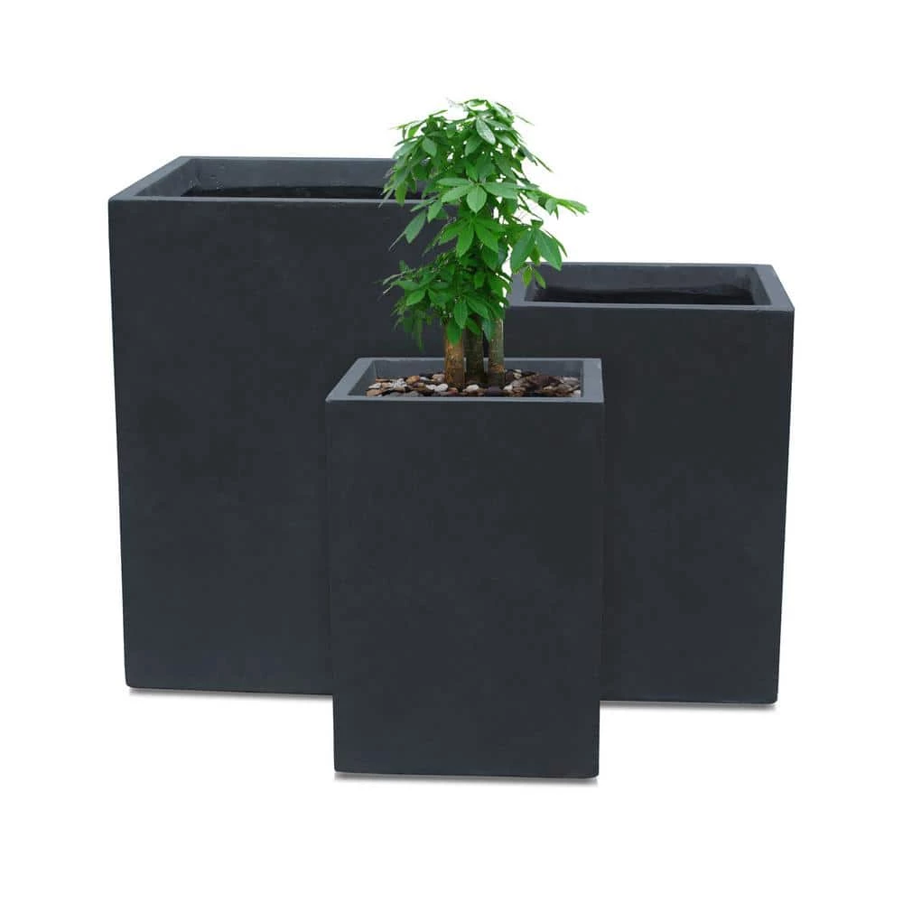 KANTE 19", 16" and 13"H Charcoal Finish Concrete Tall Square Set of 3, Outdoor Indoor Lightweight Planters w/ Drainage Hole 3 KANTE 19", 16" and 13"H Charcoal Finish Concrete Tall Square Set of 3, Outdoor Indoor Lightweight Planters w/ Drainage Hole