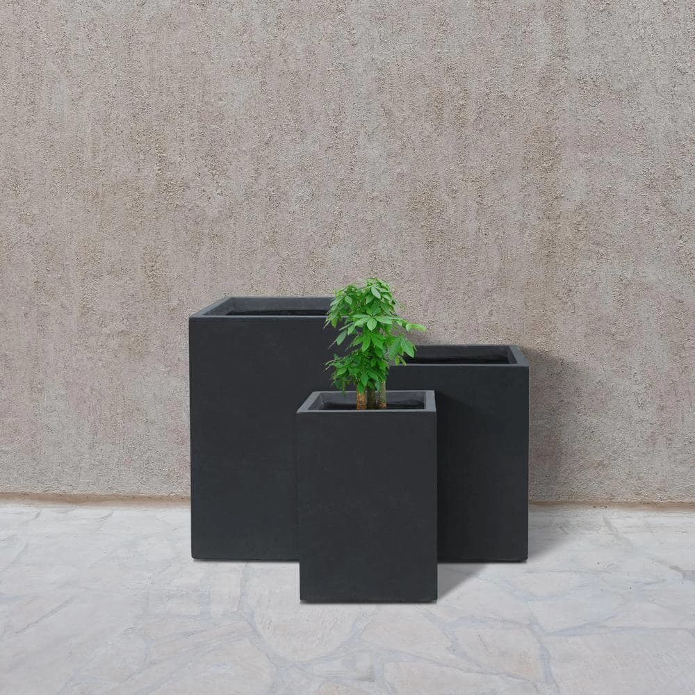 KANTE 19", 16" and 13"H Charcoal Finish Concrete Tall Square Set of 3, Outdoor Indoor Lightweight Planters w/ Drainage Hole 10 KANTE 19", 16" and 13"H Charcoal Finish Concrete Tall Square Set of 3, Outdoor Indoor Lightweight Planters w/ Drainage Hole - Image 8