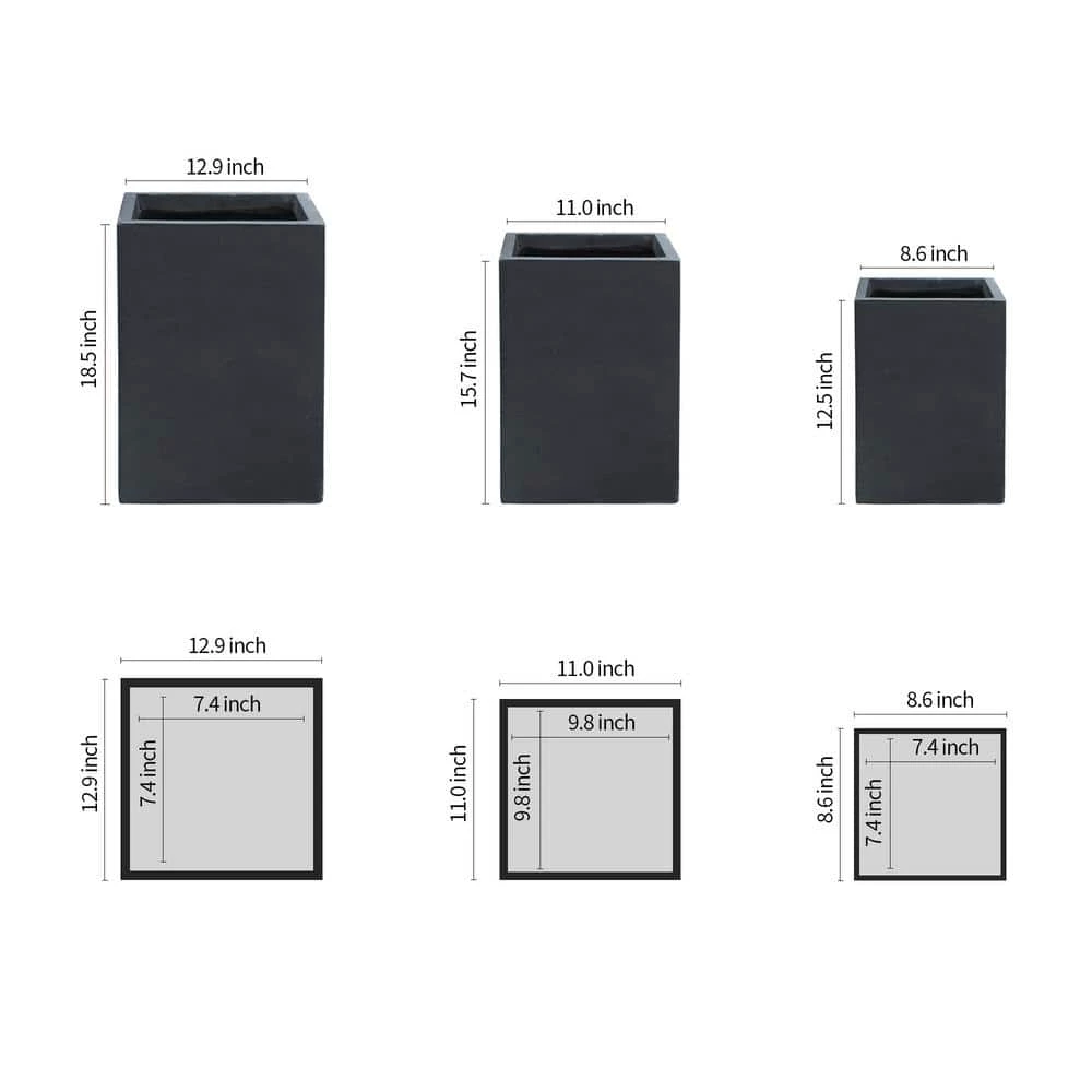 KANTE 19", 16" and 13"H Charcoal Finish Concrete Tall Square Set of 3, Outdoor Indoor Lightweight Planters w/ Drainage Hole 5 KANTE 19", 16" and 13"H Charcoal Finish Concrete Tall Square Set of 3, Outdoor Indoor Lightweight Planters w/ Drainage Hole - Image 3