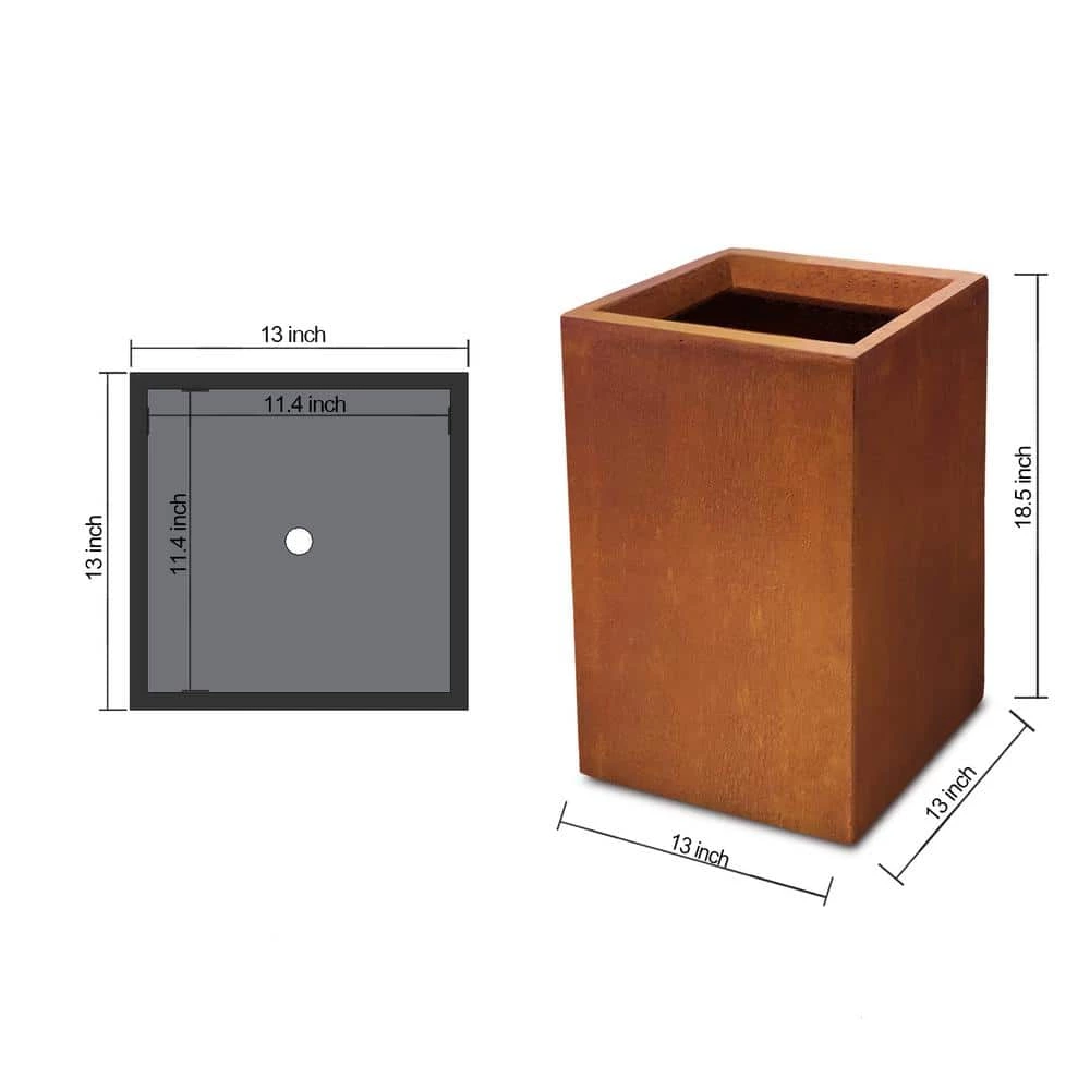 KANTE 19 in. H Faux Weathering Steel Concrete Tall Square Planter, Modern Outdoor/Indoor Lightweight with Drainage Hole 5 KANTE 19 in. H Faux Weathering Steel Concrete Tall Square Planter, Modern Outdoor/Indoor Lightweight with Drainage Hole - Image 3