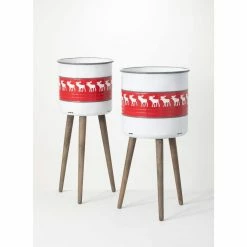 SULLIVANS Red & White Reindeer Metal and Wood Planter Stand (Set of 2)