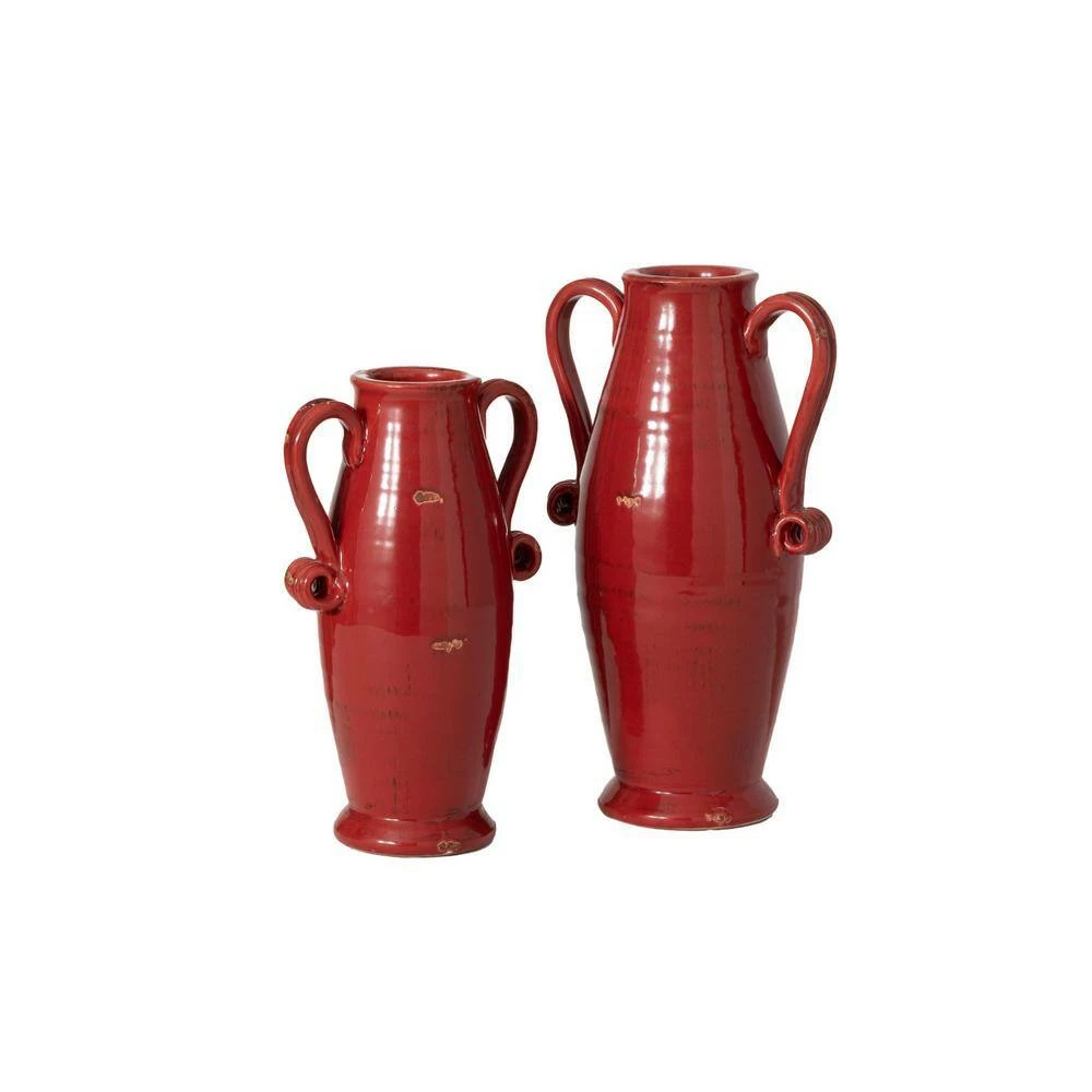 SULLIVANS Red Ceramic Handled Urn (Set of 2) 4 SULLIVANS Red Ceramic Handled Urn (Set of 2) - Image 2