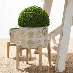 SULLIVANS White and Gold Flower Burst Metal Planter on Stand (Set of 3) -KANTE Sales white and gold patterned sullivans plant pots met1880 4f 1000