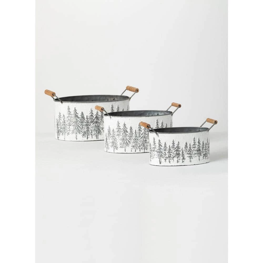 SULLIVANS White Metal Tree Planters with Handles (Set of 3) 3 SULLIVANS White Metal Tree Planters with Handles (Set of 3)