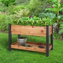 Vigoro 2 ft. x 4 ft. Elevated Cedar Garden Bed with Shelf (Vinyl Legs) -KANTE Sales wood vigoro raised planter boxes 445190 4f 1000